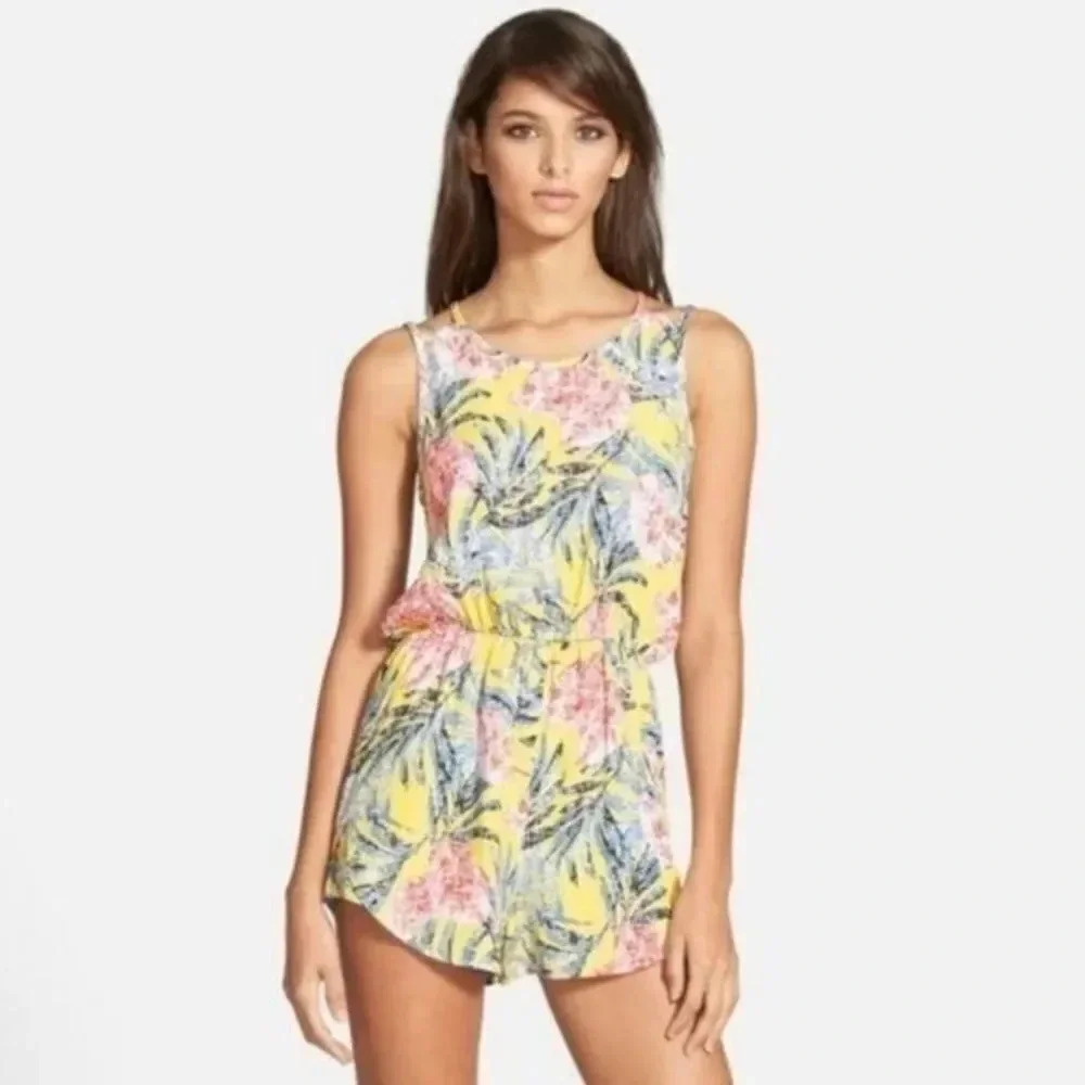 Leith Yellow Tropical Floral Mini Shorts Romper S